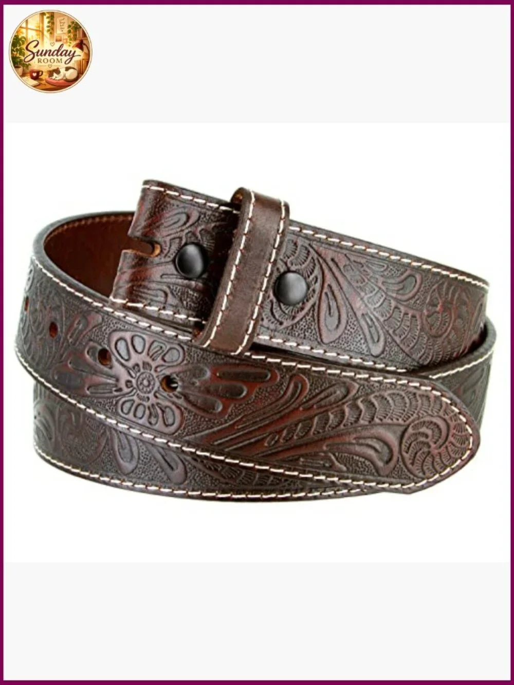 Full Grain Western Tooled Leather Strap Belt 1.5